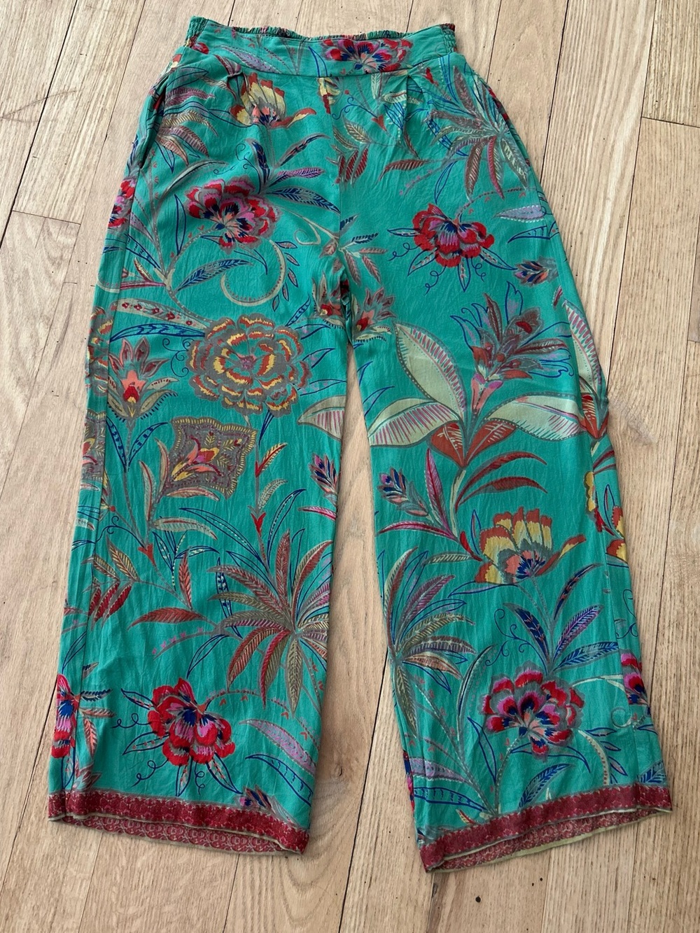 Angie Teal Floral-Print Flowy Wide-Leg Kids Pants